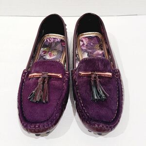 Ted Baker London Harlii Purple Driving Loafers Womens Size 6 Calf Hair Tassel